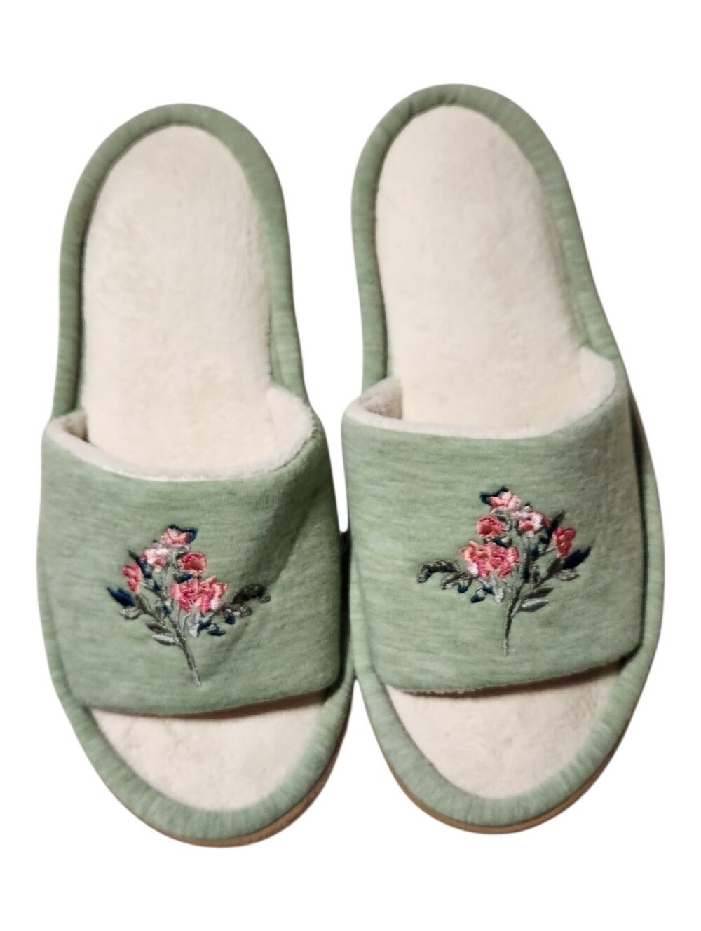 Isotoner Womens Slippers 7.5-8 Open Toe Slide Green Pink Floral Embroidered